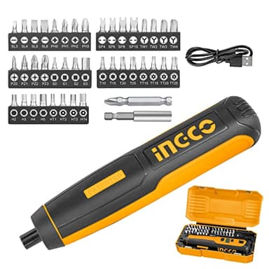 INGCO Mini Atornillador Inalámbrico de 4V 5Nm 40 Puntas Juego de Destornilladores Ajuste de Par de 5 Velocidades con Luz LED Carga USB, Pequeño Taladro Atornillador 1.3Ah Batería de Litio (CSDLI0403)
