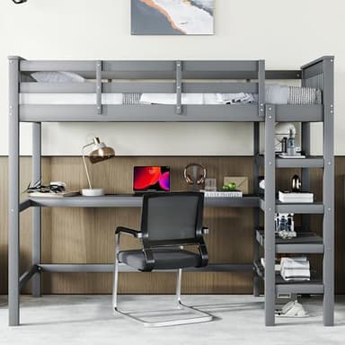 LUTUTU Cama alta para niños de 90 x 200 cm, con estantes y escritorio debajo de la cama, sin colchón, gris (gris, 90 x 200 cm)