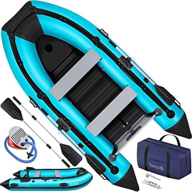 KESSER® Embarcación neumática de 3,20 m para 4 Personas, PVC, Apta para Motor de Olas, con 2 Bancos, Suelo de Aluminio, Remo, Bomba, Kit de Reparación, Bolsa, Hinchable, Azul/Negro