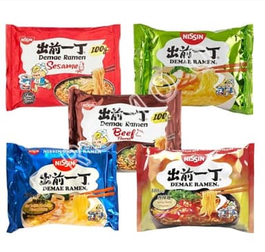 Nissin - Demae Ramen Fideos Instantáneos 5 uds x 100 g Sabores Surtidos (Carne, Pollo, Sésamo, Camarones, Picante) - Pack Promoo