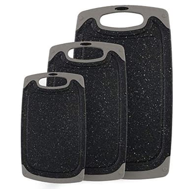 CHINZIO Tabla de Cortar, Juego de 3 piezas Plástico Tablas de Cortar con Profundo Goteo Jugo de Ranura, Apta para Lavavajillas, Libres de BPA, Base Antideslizante - Negro