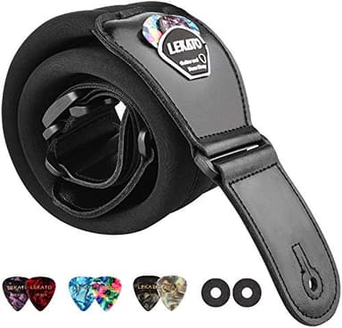 LEKATO Correa de guitarra acolchada con extremos de cuero genuino Correas de hombro cómodas de 3 pulgadas de ancho Longitud ajustable de 45 "a 55" para guitarras eléctricas bajas con 6 púas