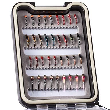 BASSDASH Kit de Moscas de Pesca con Mosca, Surtido de Moscas, Pesca de lubina con Caja de Moscas, 36/64/72/76/80/96 Piezas con Moscas secas/húmedas, ninfas, serpentinas, Popper