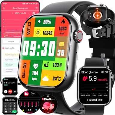 Fohatu 𝐆𝐥𝐮𝐜𝐨𝐬𝐚𝐞𝐧𝐬𝐚𝐧𝐠𝐫𝐞 Reloj Inteligente Llamada Bluetooth Reloj Fitness Spo2 Frecuencia Cardiaca Ácido Úrico Lípidos En Sangre Monitor,130+ Deporte, Smartwatch para Android iOS,Black3