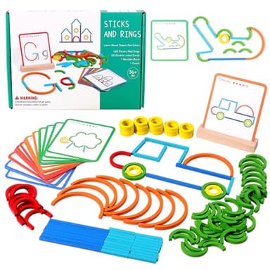 Juguetes Montessori Niños 3 4 5 6 Años Juegos Educativos Rompecabezas de Madera, 120 Piezas Palitos de Colores y Anillos con Tarjetas, Creativos Juegos Interactivos Regalo para Niños Niñas