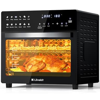 LLIVEKIT Freidora sin Aceite 26L, 1700W Freidora de Aire Caliente, 12 en 1 Air Fryer, Mini Horno Electrico para Pizza con Pantalla LED Táctil, asador, deshidratador, con 8 Accesorios, Recetas