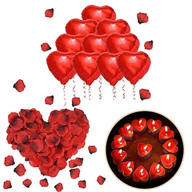 ASANMU Kit Romántico de Velas y Pétalos, 1000 Piezas Pétalos de Rosa+50 Rojo Velas en Forma de Corazón+10 Foil Globos Corazón Rojo Decoración para Aniversario Compromiso Propuesta Decoración