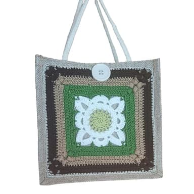 Bolso Rafia Natural. Handmade. Bolso de Crochet Hecho a Mano. Bolsa Ganchillo con Cuadros Granny. Bolsa Pequeña Pero Gran Capacidad. Su Forro Interior Impermeable. Verde, Marrón