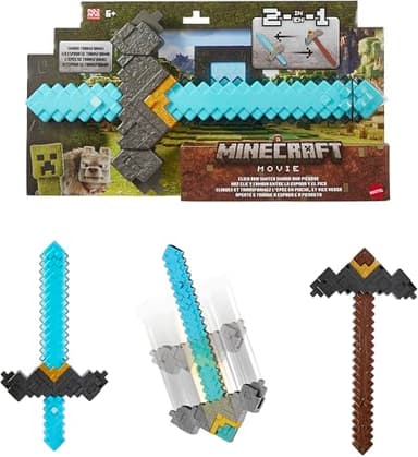 Mattel Minecraft Espada transformable en Pico 2 en 1 Juguete Que se Activa al Hacer Clic en un botón y Cambia de Forma, Accesorio Inspirado en “Una película de Minecraft”, JFR72