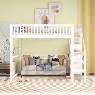 Idemon Cama alta de 140 x 200 cm con escalera, cuna de madera blanca con estante de almacenamiento, armario sencillo