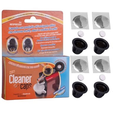 CleanerCaps Limpieza de la máquina de café – Compatible con Nespresso – 4 Cápsulas detergentes – Limpieza de boquilla de salida de café – Limpieza interior desinfectante y no corrosiva, fácil y