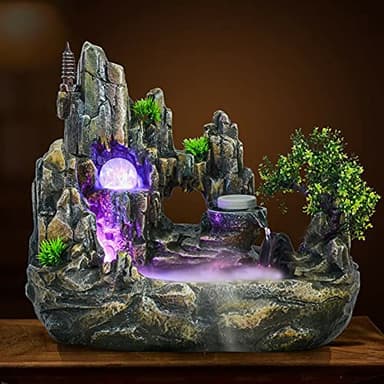 Fuente de interior Feng Shui con bola de cristal LED y atomizador, fuente de mesa con decoración de jardín de piedra y estanque, fuente de agua de escritorio, cascada