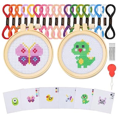Ysimple Kit de Inicio de Bordad,Embroidery Kit,Kit de Bordado de Punto de Cruz con 6 Patrón e 2 Anillos de Bastidor de Bordado,1 Instrucciones,para Principiantes y Aficionados