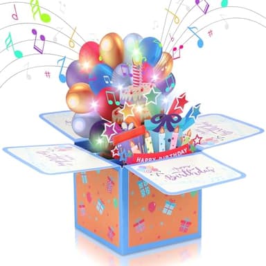 JIZZU Tarjeta Cumpleaños, Tarjetas Pop Up 3d Cumpleaños de Música con Vela de Luz LED, Como Creativo Regalo a Familias, Amigos y Ninos (Incluido Sobre)