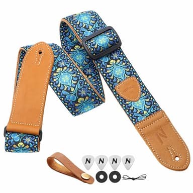 Nefelibata Correa de guitarra, extremos de cuero dobles, tejido vintage con 4 púas + cierres de correa + botón de correa, el mejor regalo para bajo, guitarras eléctricas y acústicas para guitarra