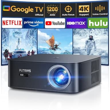 【1200 ANSI/Google TV】Smart Proyector 4K WiFi6 Bluetooth5.2, Full HD Proyector 1080P Nativo con Netflix Oficial, Auto Focus/Keystone y Zoom 50%, Control de Voz Proyector de Cine para Movil/PC/HDMI/USB