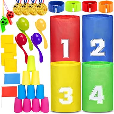 Chennyfun Sports Day Kit, 38 Piezas de Juegos para Exteriores y Jardín Deportivo para Niños, Incluye Sack Run, Lanzamiento Frijoles, 3 Patas y Huevos y Cucharas Juegos Familiares para Adultos y Niños