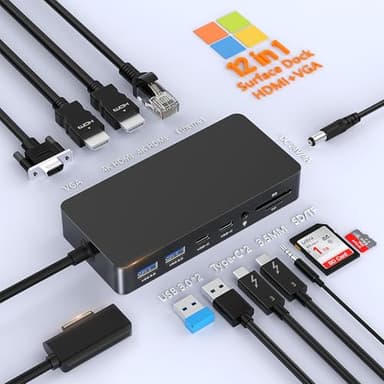 Surface Dock Surface Pro Docking Station Triple Pantalla (Doble 4K HDMI+VGA), 12 en 1 Microsoft Surface Dock Accesorios para Surface Pro 11/10/9/8/X/7/6/5/4/3,Laptop 7/6/5/4/3/2/1,Book Laptop Go 3/2/1