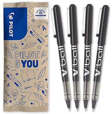 PILOT Caja de 4 VBall 05 - Bolígrafos roller con tinta líquida - Bolígrafos con punta cónica Fina para Escritura Suave y Precisa - Secado rápido, antimanchas - Negro - Punta Fina (0,5mm)
