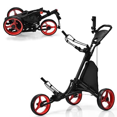 COSTWAY Carro de Golf de Empuje con 3 Ruedas, Carrito de Golf Plegable con Bolsa Recubierta en Aluminio, Tira elástica, Paraguas Regulable y Portavaso, Marcador y Freno de Pedal (Rojo)