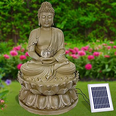 Fuente de jardín Fuente Solar Buddha-Eternity baño para pájaros Cascada, decoración de jardín con Bomba, Fuente de Agua para terraza de jardín, balcón, Muy Decorativa, luz LED luz de jardín