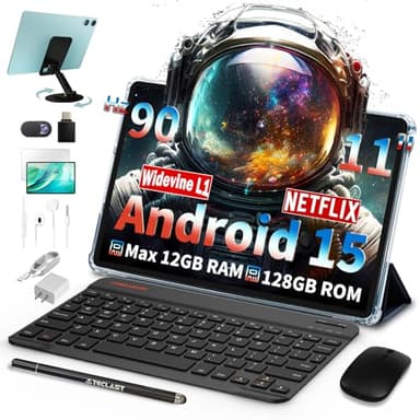 TECLAST Tablet 11 Pulgadas P50Case 90Hz Tableta Android 15, 2.0GHz Octa-Core, 12GB RAM 128GB ROM/TF 4TB/7000mAh/Widevine L1/BT5/GPS/OTG, Tablet con Teclado+Lápiz+Funda+Auriculares, 10 Accesorios-2025