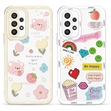 Yoedge 2 Piezas Funda para Samsung Galaxy S23 5G Transparente 6,1", Carcasa para Teléfono Móvil con Flores Oso Smiley Dibujos Niñas Aesthetic Cover, Soft Cristal Caja de Silicona para Samsung S23 Case