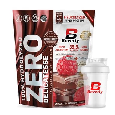 Beverly ZERO DELICATESSE | 1 Kg | Proteína Hidrolizada Whey 85% | Con Digezyme y Tolerase | Mezclador Gratis | Masa muscular y fuerza (CHOCOLATE FRAMBUESA)