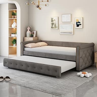 Sofa Cama Litera Matrimonio Tapizada 90 x 200 cm, Color Gris y Tela Aterciopelada Agradable para la Piel, para Niños e Invitados