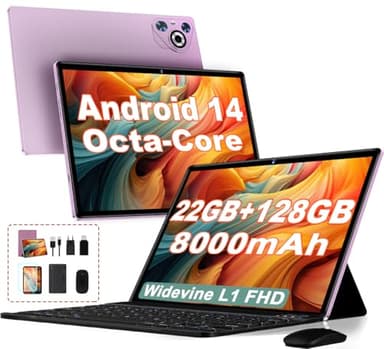 2025 Newest Tablet 10 Pulgadas Android 14, 22(6+16)GB+128GB ROM/TF 2TB, 8000mAh, Control Parental, 8-Cores, GPS, Face ID, Widevine L1, BT5.0, 8MP+5MP, WIFI 6, Tablet con Funda Teclado+Ratón-Violeta