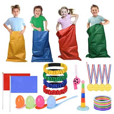 Flintronic 36PCS Sports Day Kit, Juegos de Carreras de Sacos al Aire Libre- Huevo y Cuchara, Lanzamiento de Anillos, Medalla y Silbatos, Juegos para Exteriores Deportivos para Niños