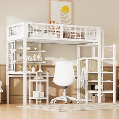 Moimhear Cama alta 90 x 200 cm, cama de hierro con escalera de seguridad, cama infantil con marco de hierro, armario y escritorio para ordenador, color blanco, LDB00051