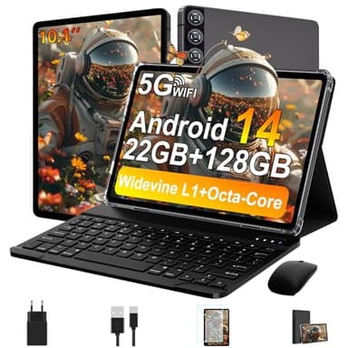 ZIOVO Tablet 10 Pulgadas Android 14, 22GB RAM+128GB ROM (TF 1TB), 5G WiFi/Widevine L1/Octa-Core/8000mAh/Cuerpo Metálico/8+5MP/BT 5.0/ Tablet 2 en 1 con Teclado y Ratón - Gris