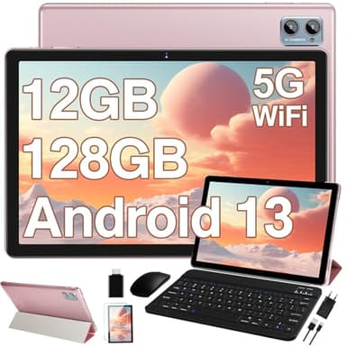 Oangcc 2025 Newest Android 13 Tablet 10 Pulgadas, 12 GB RAM+128 GB ROM(TF 1TB), 8-Core 2.0GHz, 5G+2.4G WiFi, Bluetooth 5.0, Dual Camera GMS Tablets, 6000mAh, Tablet con Teclado, Ratón y Funda - Oro