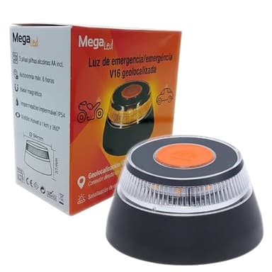 MegaLed Luz de Emergencia V16 Geolocalizada y conectada con la DGT 3.0 – Obligatoria Desde Enero 2026 - Homologado DGT 3.0 - Visible 1km y 360º - Resistente al Agua