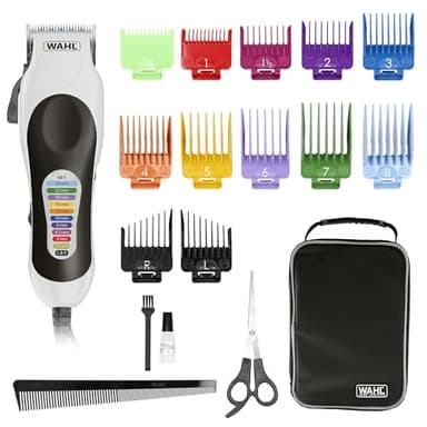 WAHL Color Pro cortadora de pelo eléctrica de precisión, con cable y palanca de ajuste, 10 peines guía de colores y fáciles de usar, óptima para toda la familia, kit con tijeras y peine