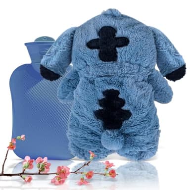 Botella de Agua Caliente, Sti-tch Botella de Agua Caliente, Bolsa de Agua Caliente para Niños, Botella de Agua Caliente de Goma con Suave Felpa Funda, Buen Regalo para La Familia o La Amigo (Azul)