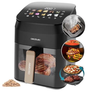 Cecotec Freidora de Aire sin Aceite 4,5L Plancha Grill Doble Resistencia Ahumador Integrado Air Fryer Cecofry&Grill Smokin' 4500. 1900W, Temperatura Regulable 40-200°C, 10 Menús