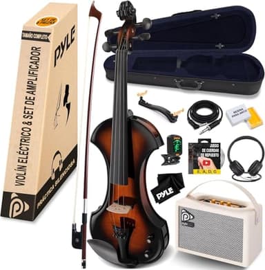 Pyle violin electrico, Silencioso, 4/4, De cuerda orquestral, Kit de amplificador, Madera maciza, Tamaño completo, Amplificador de 10W, Accesorios, Principiantes y profesionales