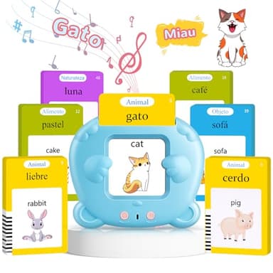 AHJ Tarjetas Flash Parlantes Español, Juegos Educativos Niños 2-6 Años, 112 Hojas, 224 Palabras en Español, Juguete Montessori, 3 Modo de Idioma: Español/Inglés/Bilingüe (Azul)