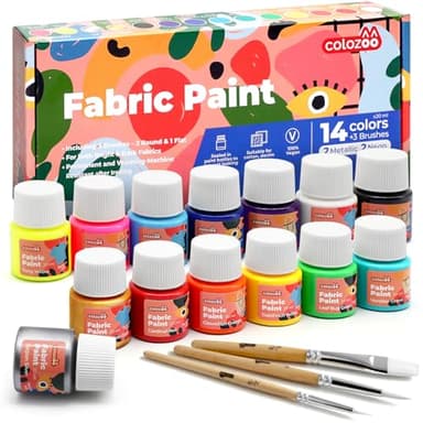 colozoo Pintura Textil Resistente a la Lavadora 14x20ml | Set de Pintura Textil Inc. Oro, Plata y 2 Colores Neón y 3 Pinceles | Pintura Textil para Tejidos Oscuros y Claros