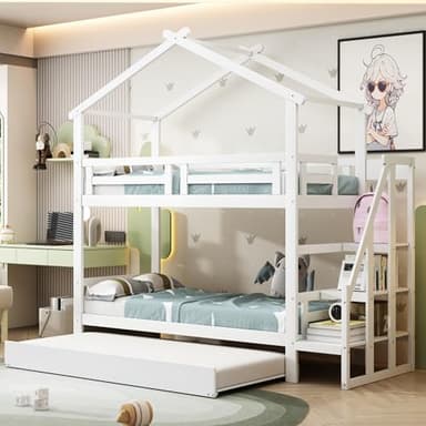 Azkoeesy Litera 90 x 200 cm, Cama Infantil 90 x 200 cm para 3 niños en Forma de casa, con Cama Nido, Escaleras, somier, Madera de Pino, Blanco, LDB00189AAK