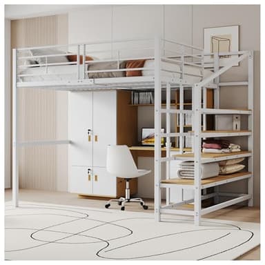 Wyibwy Cama alta de 140 x 200 cm, robusta estructura de metal con amplio espacio de almacenamiento debajo de la cama y las escaleras, ideal para niños y adultos (blanco)