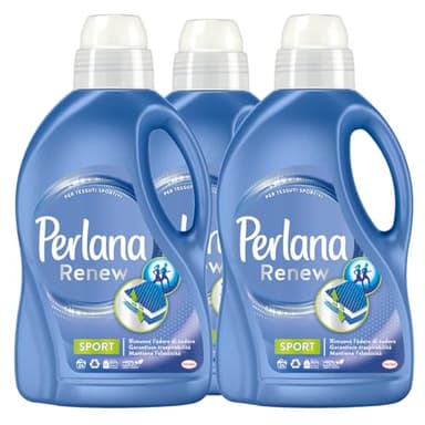 Perlana Renew Sport - Detergente líquido para ropa y lavadora - Cuidado activo - Elimina los malos olores para prendas técnicas, tejidos deportivos, 24 lavados, 3 botellas de 1,44 l