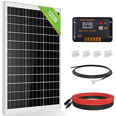 Eco-Worthy 120W 12V Kit de Panel Solar para RV Caravana Barco Cabina cobertizo:1pc 120W 12V Panel Solar + 30A PWM Cargador Solar Controlador + 16 pies de Cable de extensión + Z Soporte