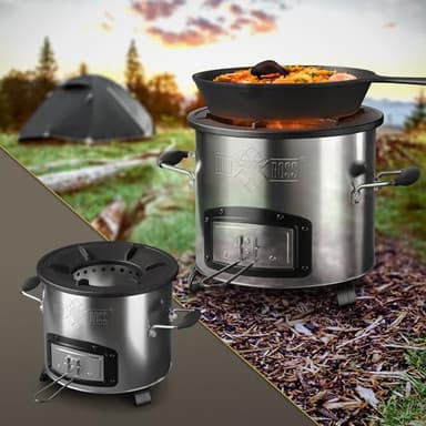 BBQ#BOSS Rocket Stove Cocina de Camping de Acero Inoxidable Plata Horno Olandés de Carbón o Leña con Sartén de Hierro Fundido para Asar a la Parrilla Estufa de Acampada Ideal para Aire Libre