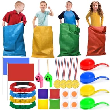 NLMWTI Juegos Exterior Niños Jardin, 4 in 1 Juegos Infantiles Kit, Juegos de Carreras de Sacos, Juegos al Aire Libre, Huevo y Cuchara, Juego de Lanzamiento de Anillos, para Juegos Exterior Niños
