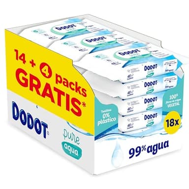 Dodot Toallitas Pure Aqua Para Bebé 18 Paquetes De 48 Unidades = 864 Toallitas, Ayuda A Restaurar El PH Natural De La Piel, 99% Agua
