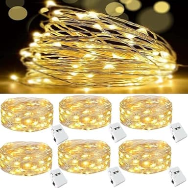 Huayifa Cadena de luces LED, 6 x Guirnaldas de luces a pilas, alambre plateado cadenas de 2 metros 20 LEDs,para decorar dormitorios,jardines,fiestas,Navidad,Halloween,bodas y más(Blanco cálido)