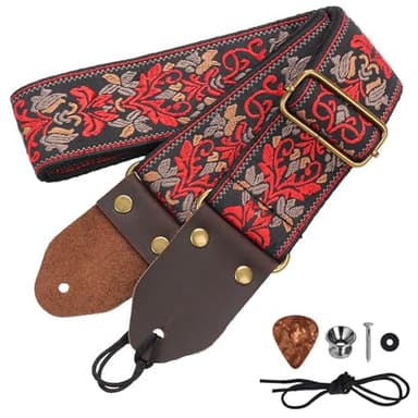 Correa de Guitarra, Correas de Guitarra 2", Correas de Guitarra de Algodón Bordado Jacquard con Extremos de Cuero Crazy Horse para Bajo, Eléctrico y Acústico (Flor roja retro)